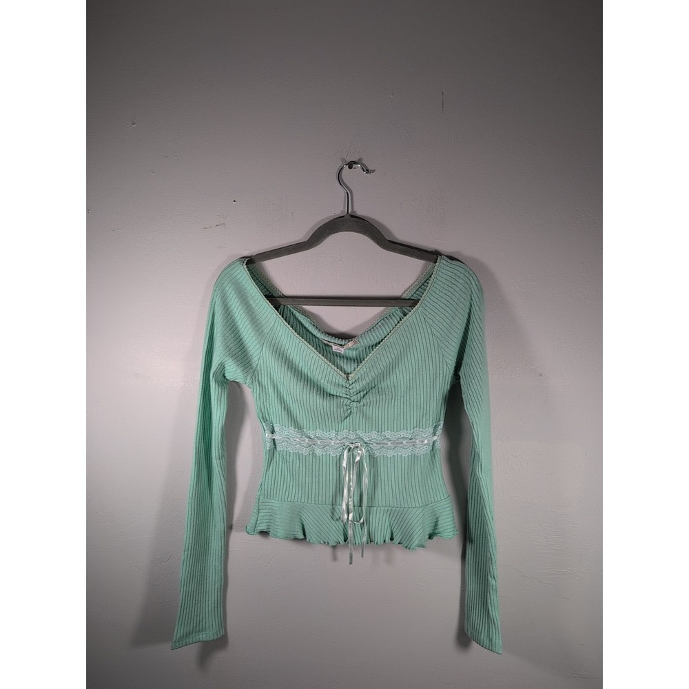 Urban Outfitters Kimchi Blue Women's M Mint‎ Green Ribbed Lace Trim Top Coquette